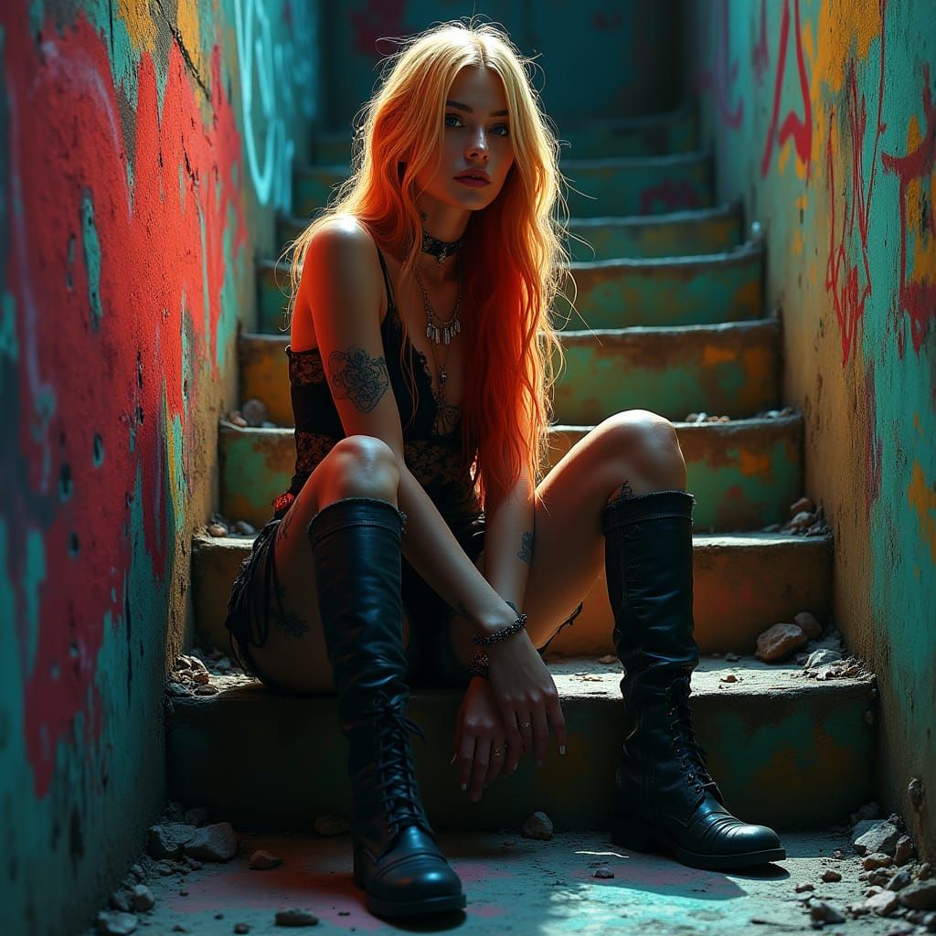 Bohemian Lady in Torn Clothes on Graffiti Steps