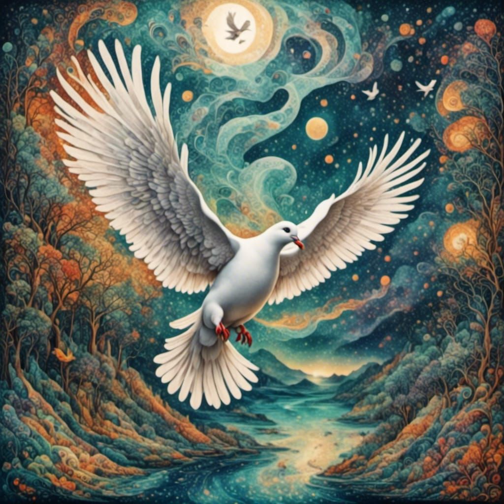 A white dove flying in sunlight to heaven <lora:Naive color:1.0> <lora:CharCOAL PSYCHedelic:1.0> <lora:Vintagetuned 2:1....