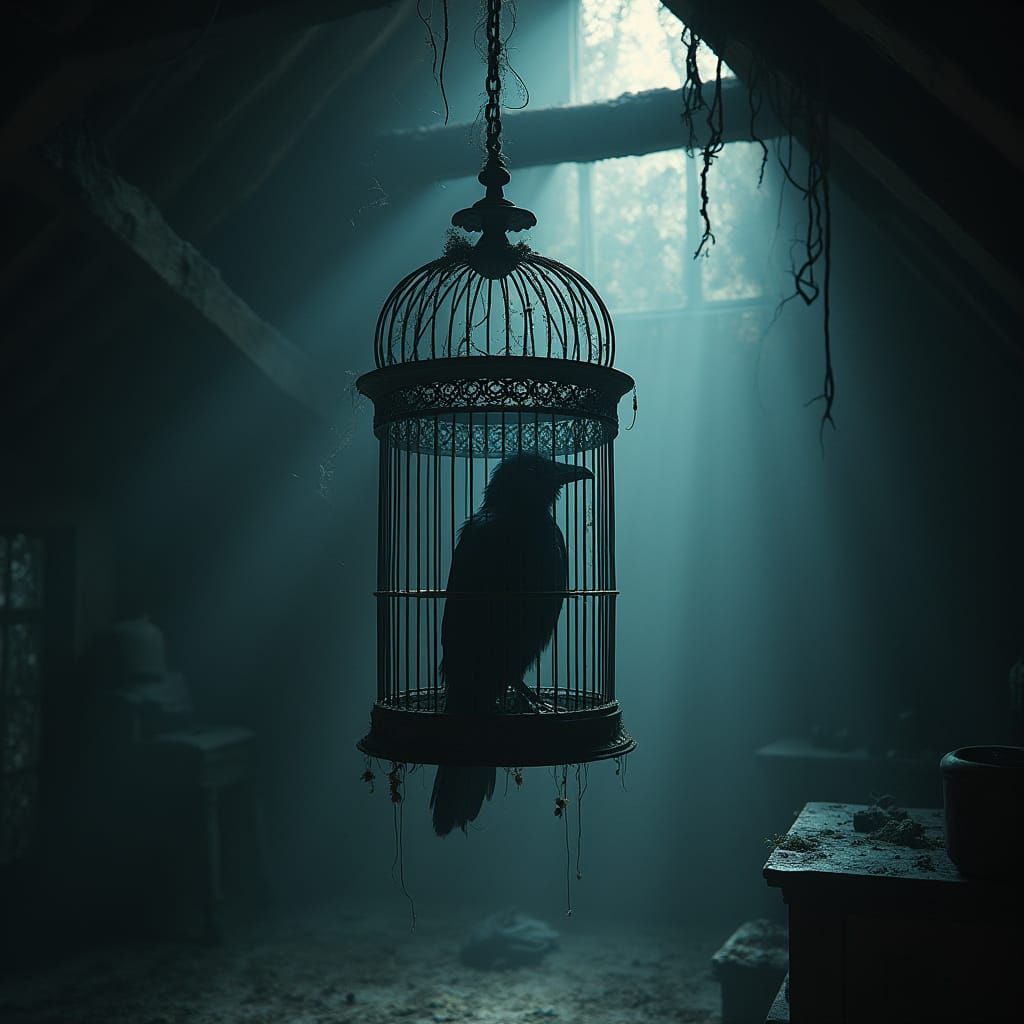 Spectral Raven in Antique Cage in Dusty Attic