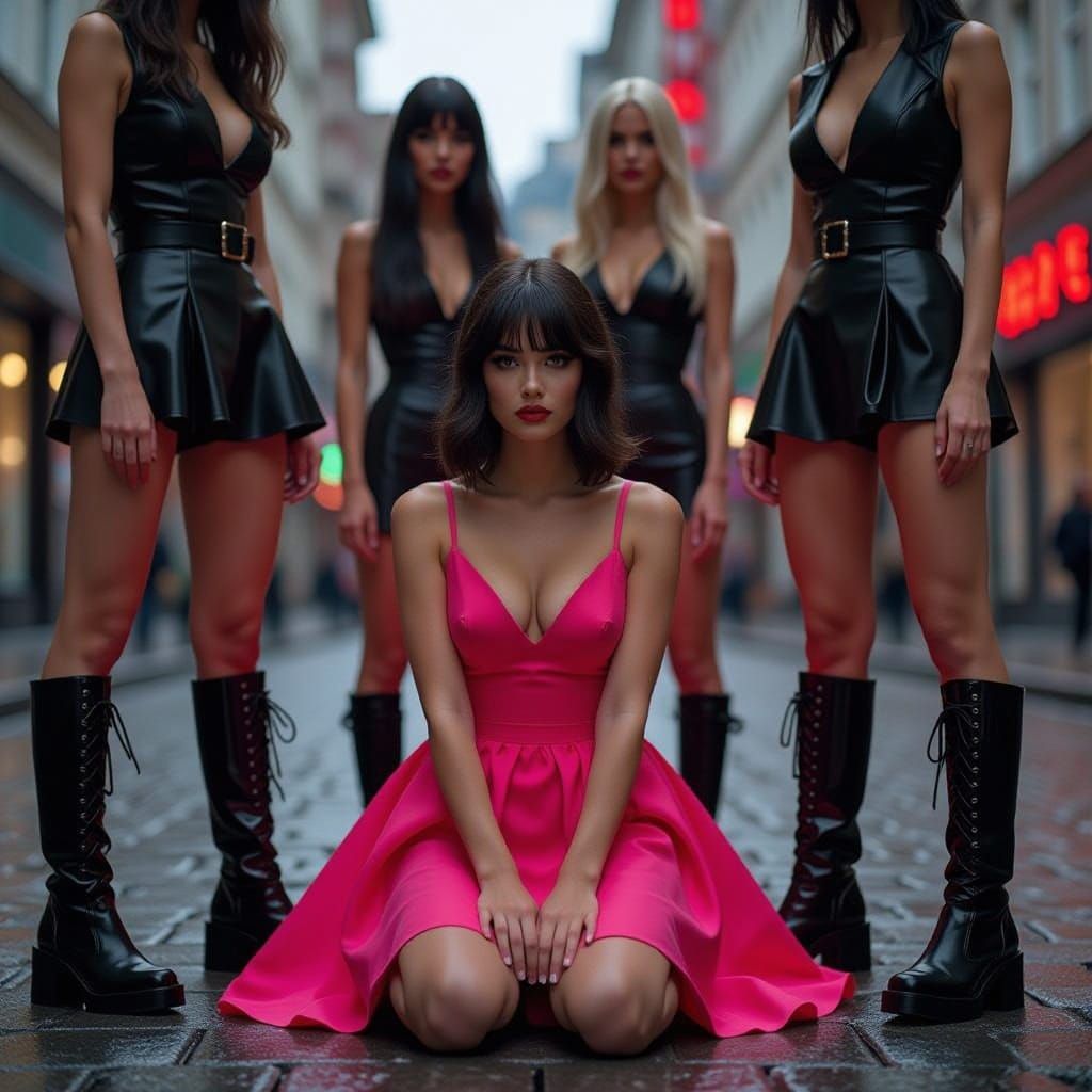 A Sissy in Vibrant Pink Surrounded by Women in Black Leather...