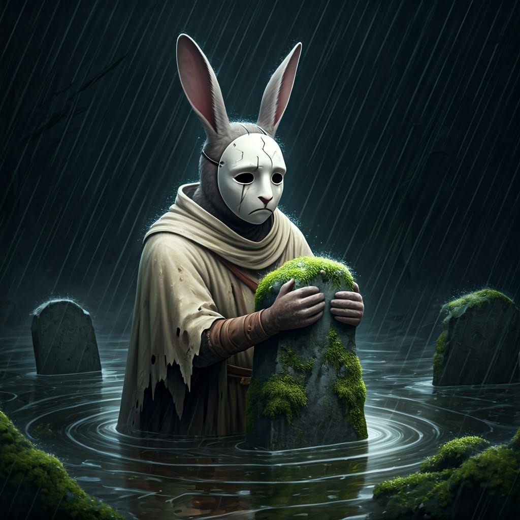 Bunny Knight in Tattered Tabard, Sad Mask, and Ancient Grave