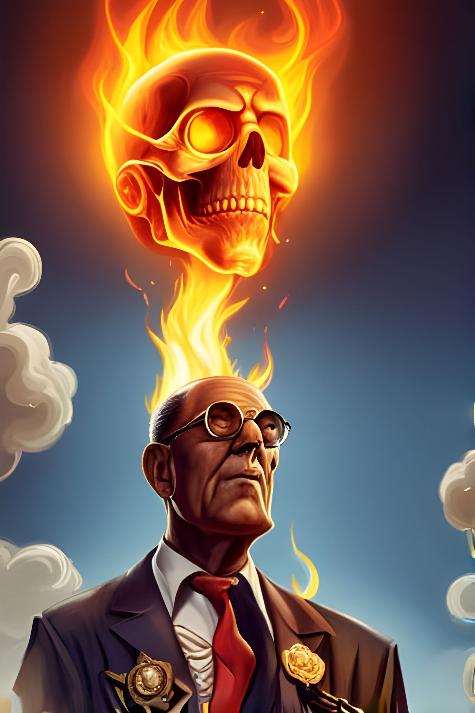 Atomic Man with Flaming Skull in Retrofuturism Style