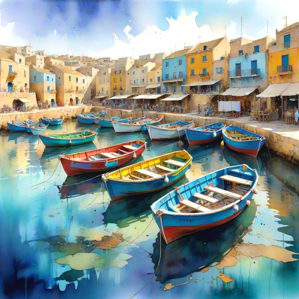 Marsaxlokk Harbor: Colorful Luzzu Boats in Watercolor Style