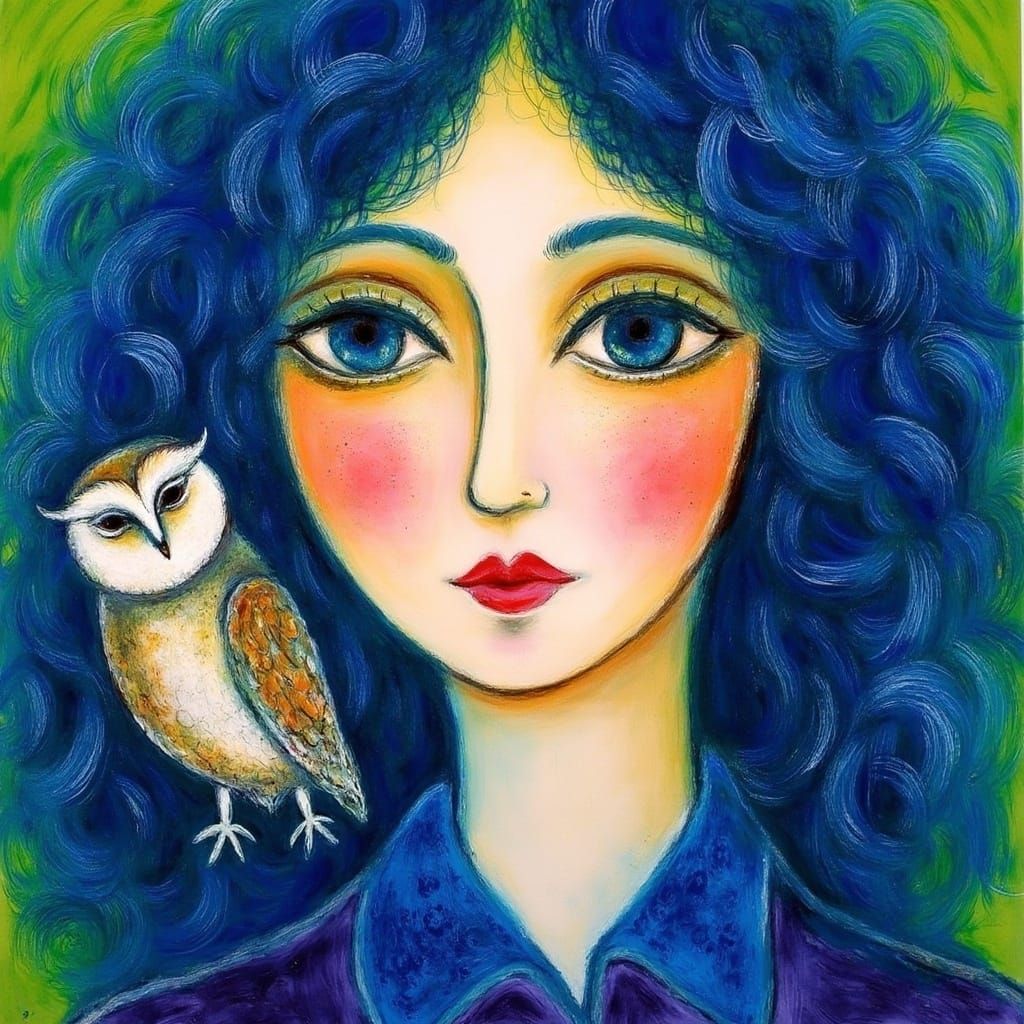 <lora:Marc Chagall Style:1.0> Beautiful portrait of a woman, entrancing sapphire-emerald eyes. Her hair is cascading cur...