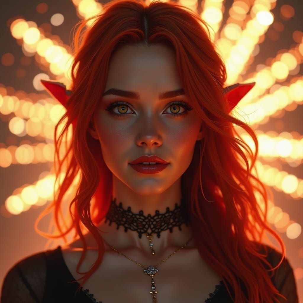 Red-Haired Fairy Woman in Front of Fireworks