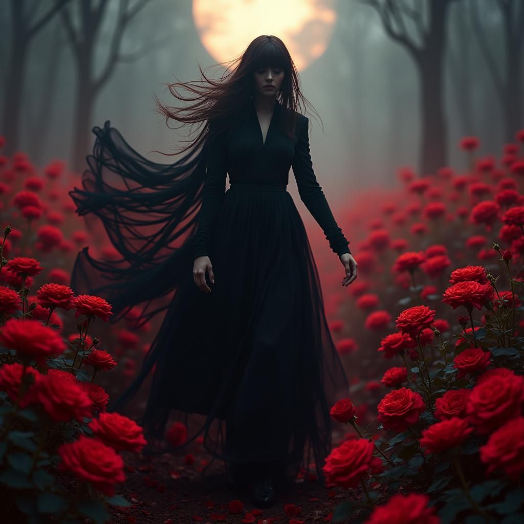 Ethereal Dancer in Scarlet Rose Garden: Cinematic Digital Ar...