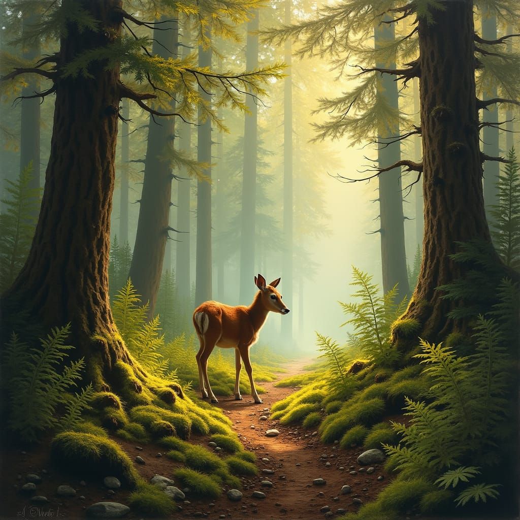 Misty Forest Scene with Deer, Realistic Painting