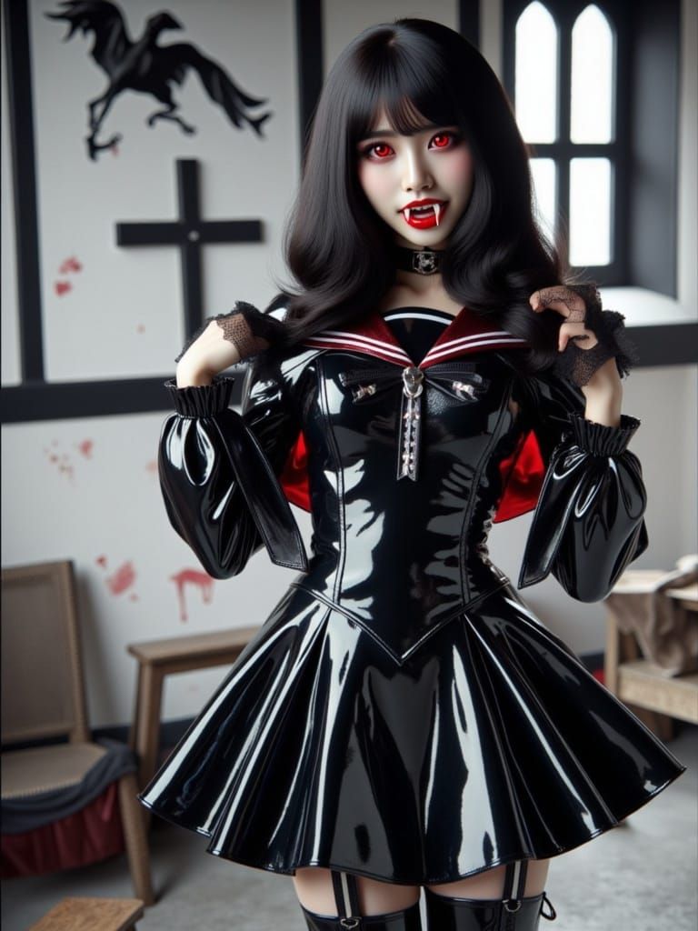 Vampire Japanese Schoolgirl in Gothic Elegance