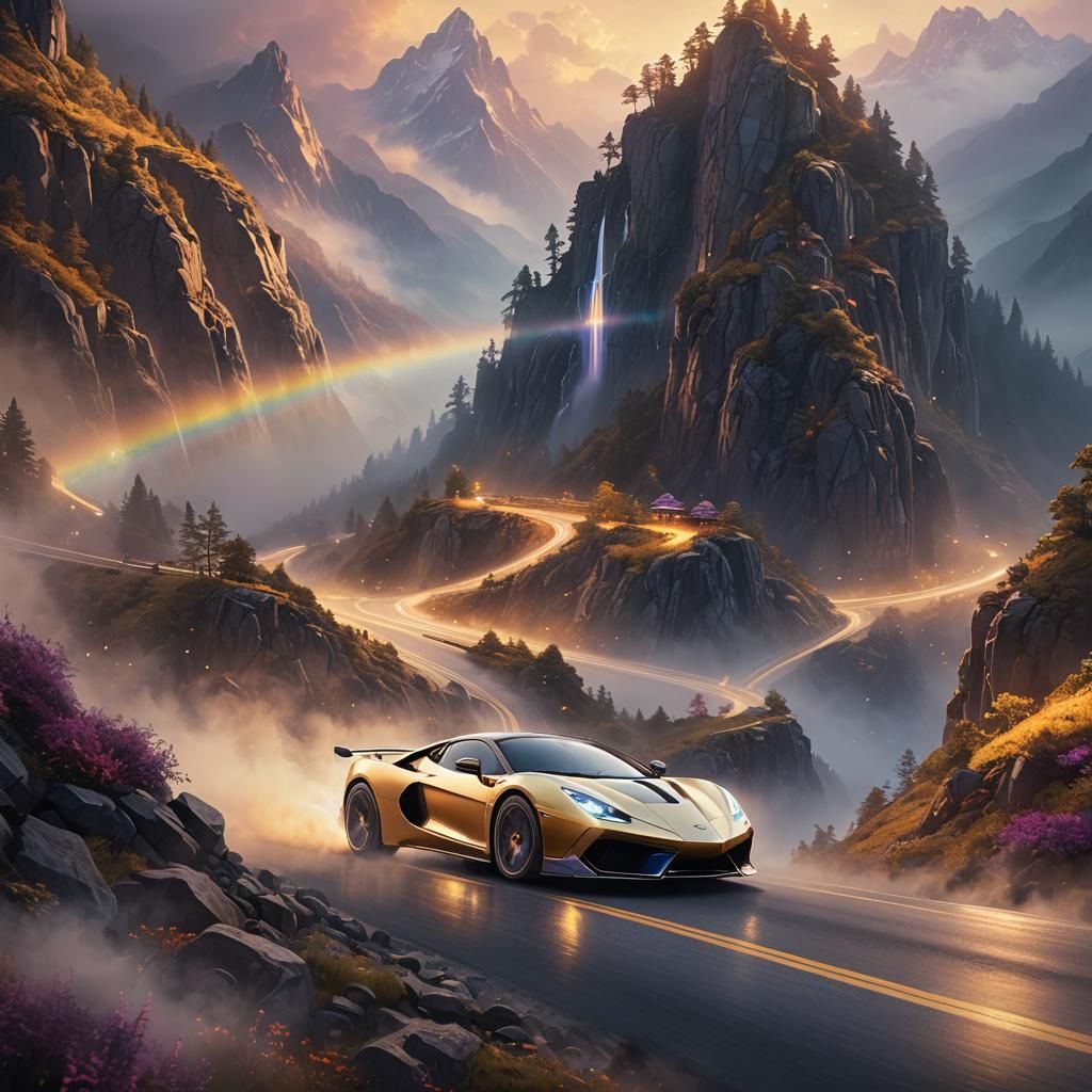 Supercar Soaring Through Misty Mountains in Ethereal Style