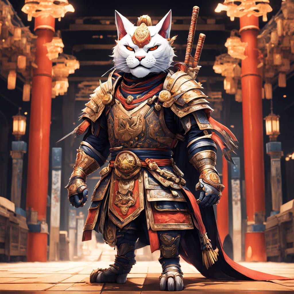 Majestic Anime-Inspired Cat Samurai in Vibrant Flat Colors