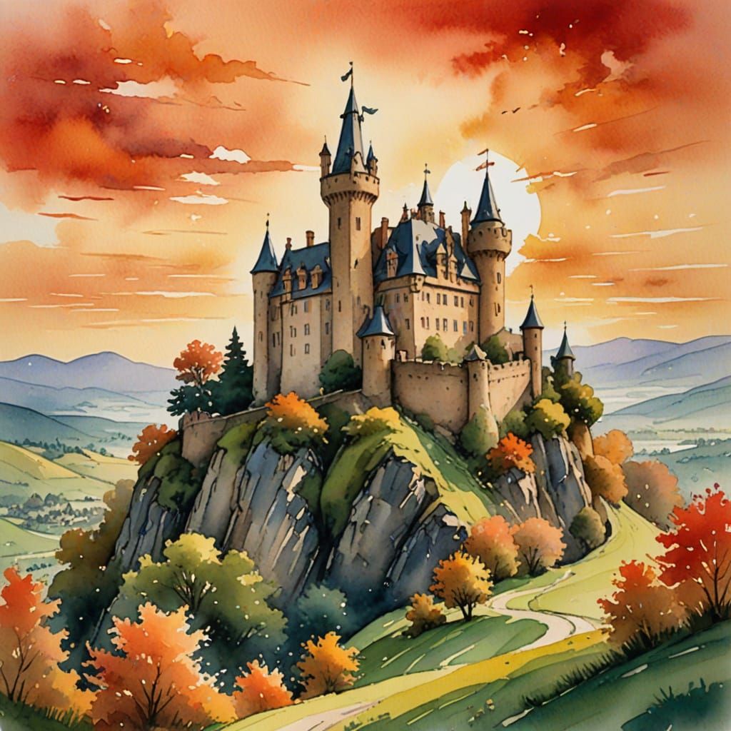 Whimsical Watercolor Castle at Sunset