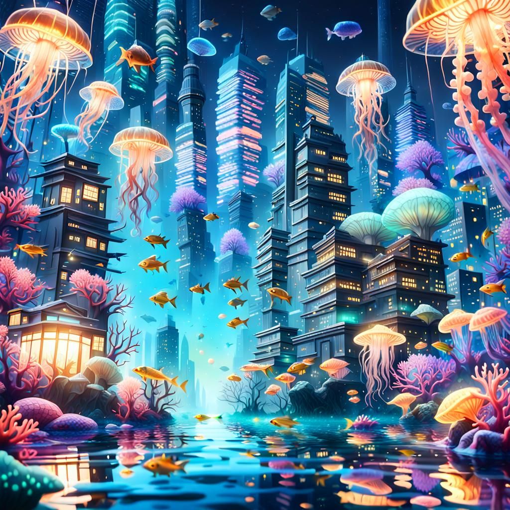 Futuristic Underwater Cityscape with Bioluminescent Glow
