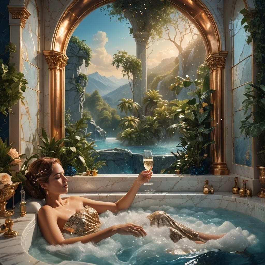 Woman Relaxing in Bathtub: Elegant Matte Painting