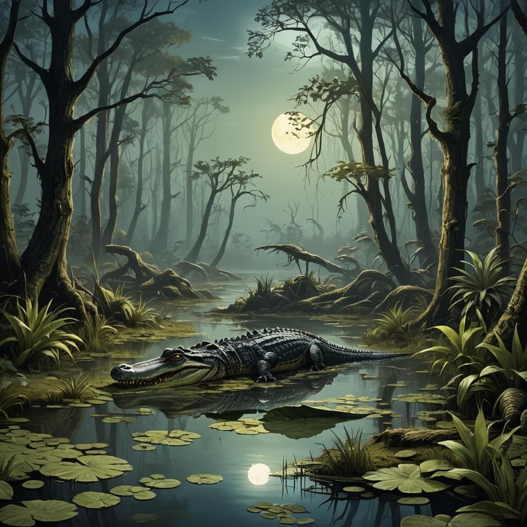 Alligator in Moonlight Swamp: Magical Realism