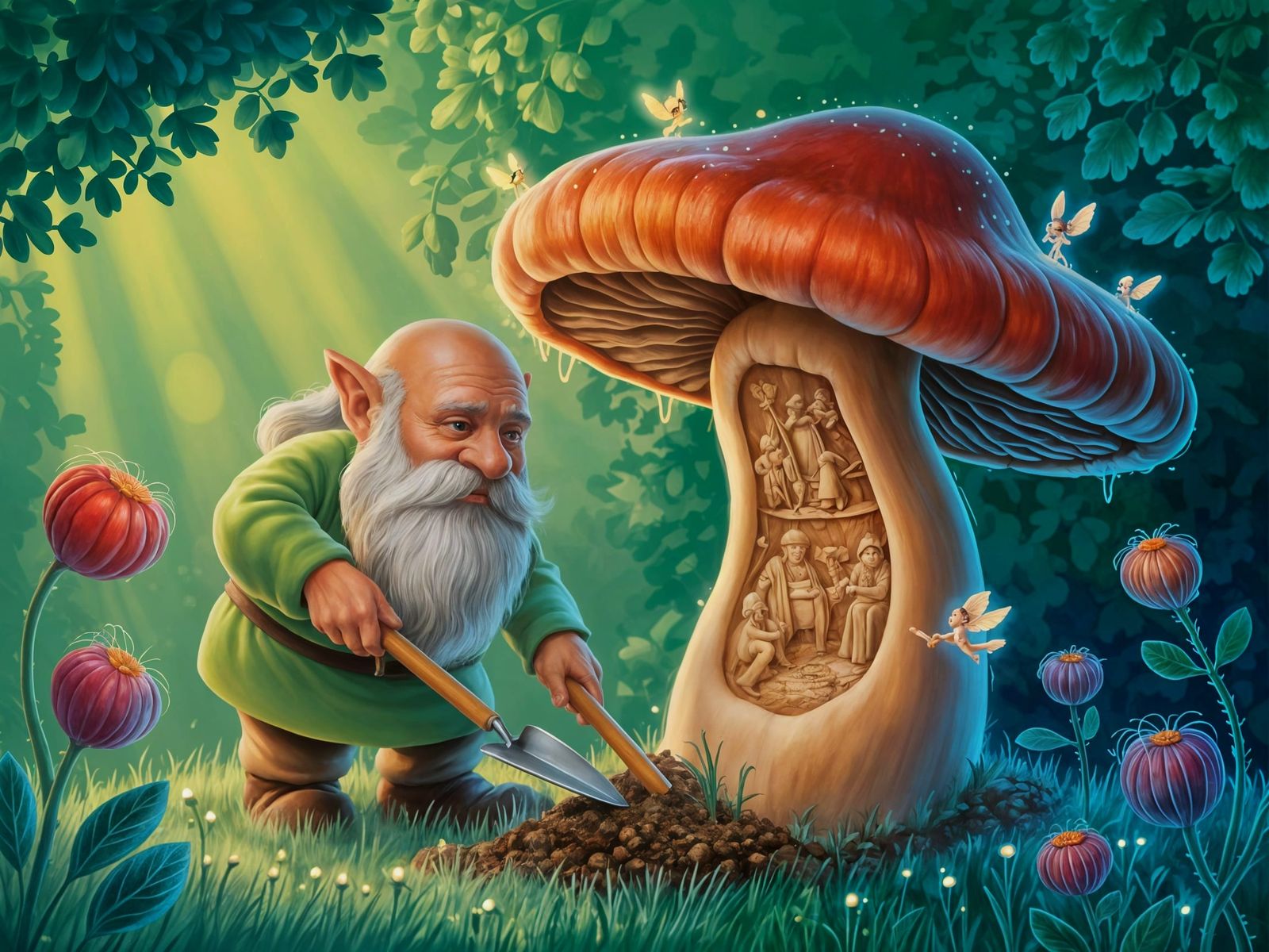 Gnome and Luminous Mushroom in Hidden Grove