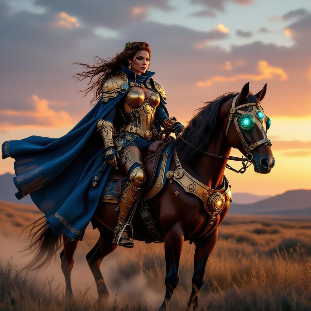 Steampunk Warrior Woman on Horseback at Dusk