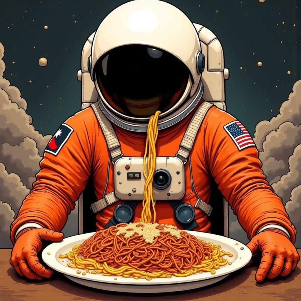 Burnt orange spaceman, white helmet, black visor, eating spa...