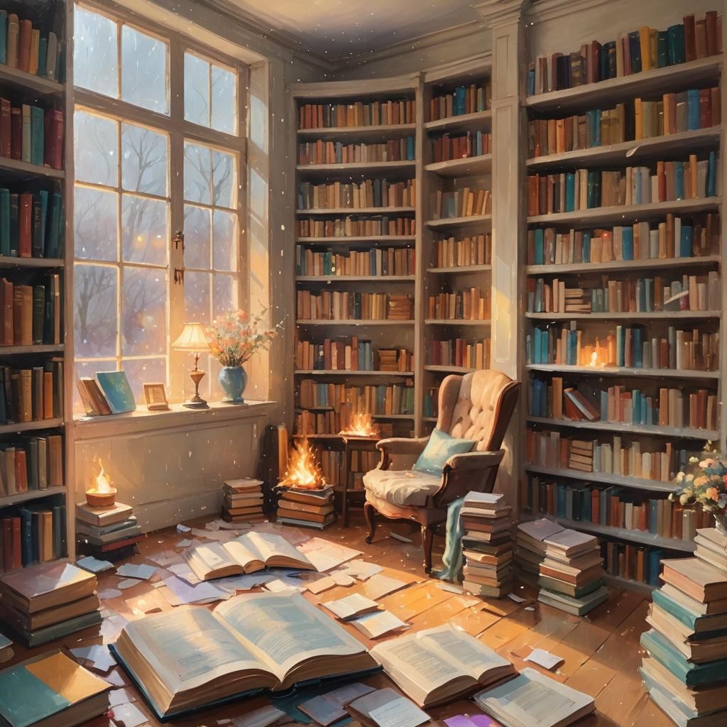 Dreamy Impressionist Library with Fire and Rain