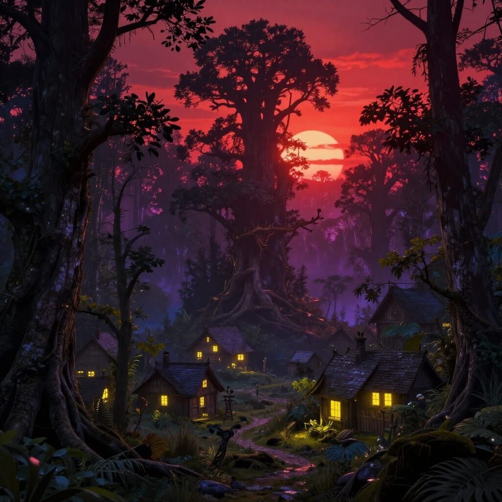 Dark Fantasy Forest Homes at Ethereal Sunset