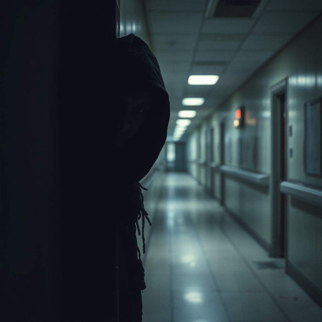 Ominous Figure in Dark Hallway, Film Noir Style