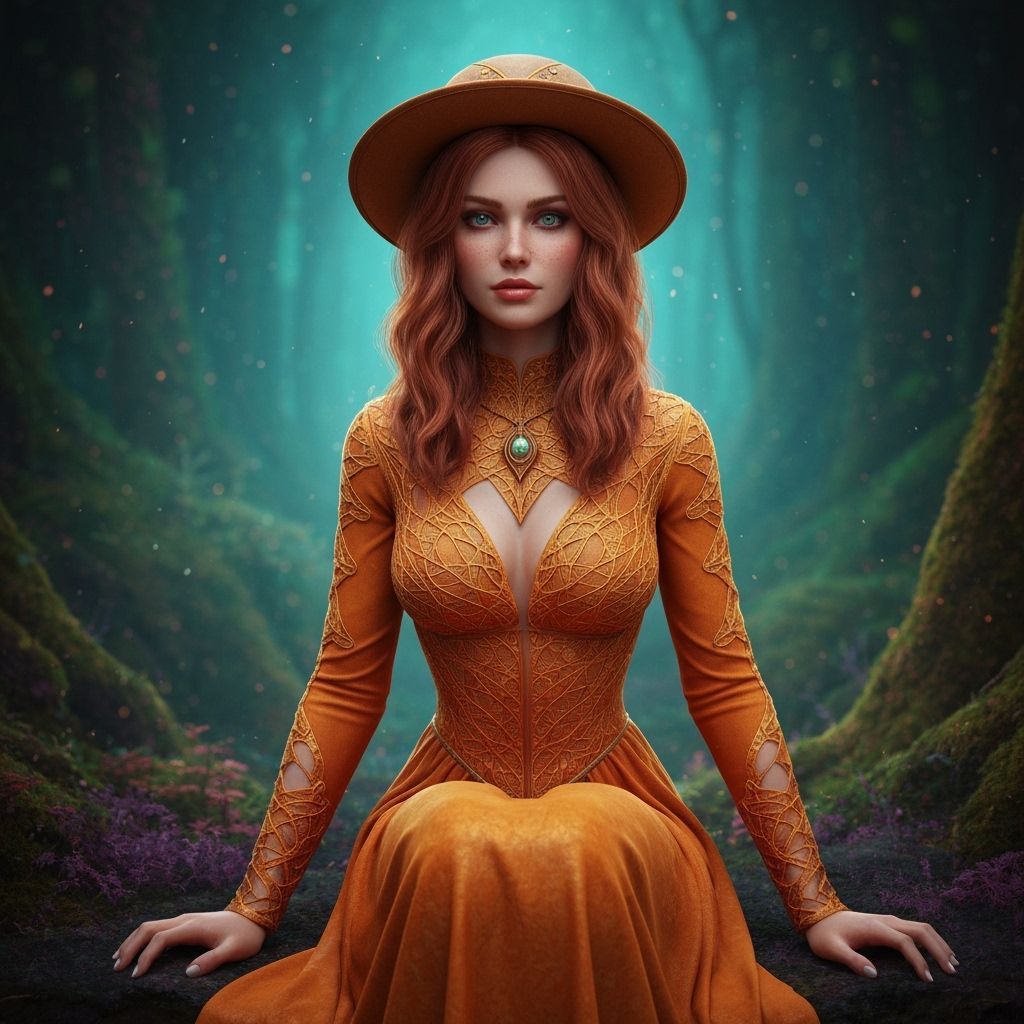 Mystical Auburn-Haired Woman in Detailed Matte Painting Styl...