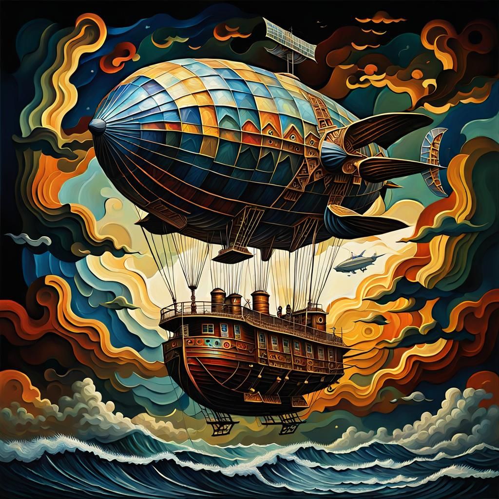 Airship with Escher Geometry in Post-Impressionist Oil