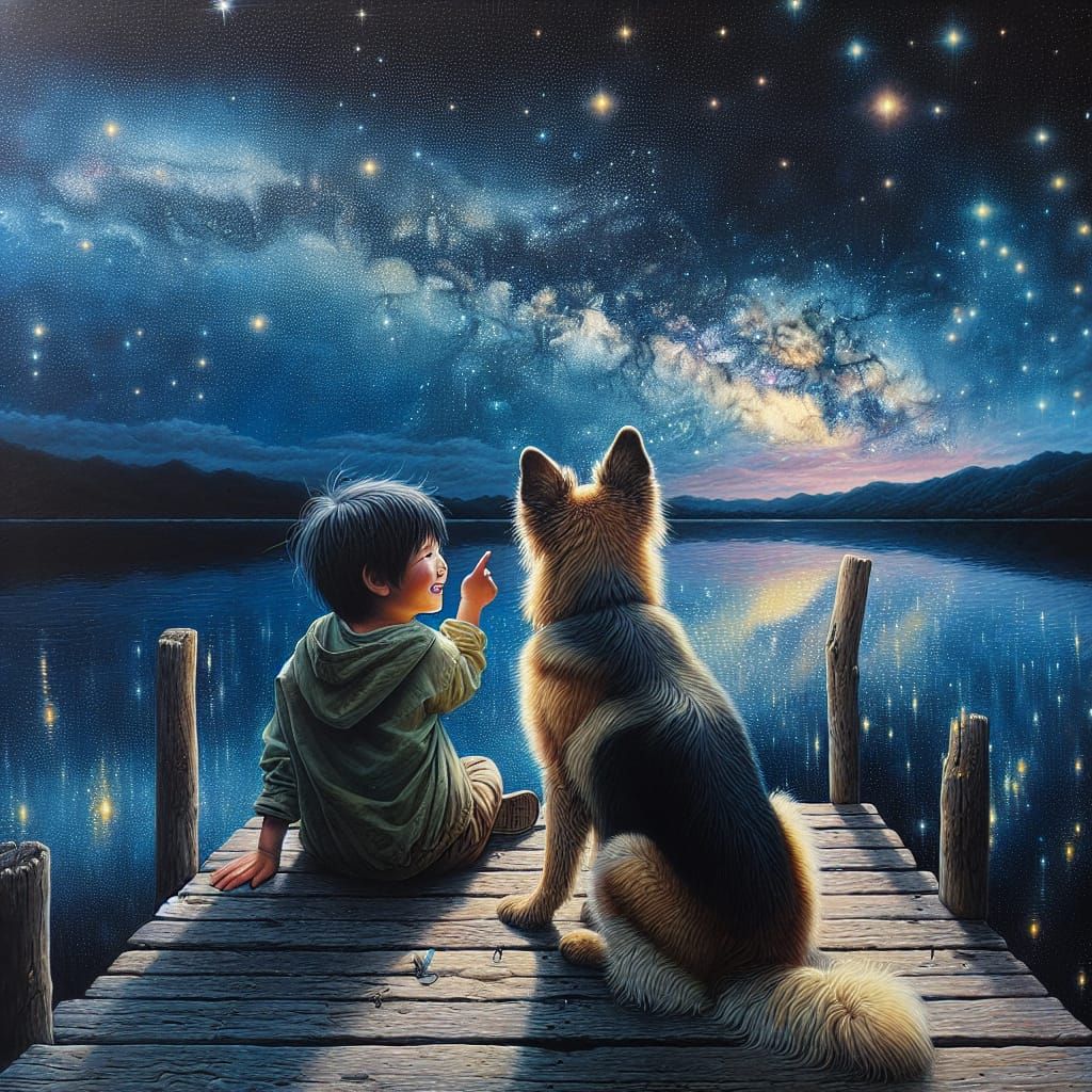 Child and Dog Stargazing by a Tranquil Lake
