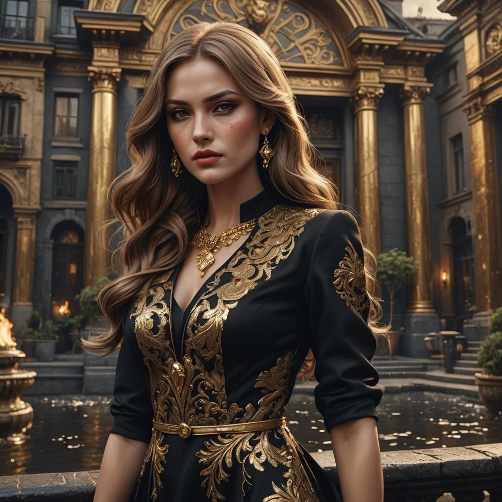 Mafia Woman in Golden Mansion: 8K Fantasy Art