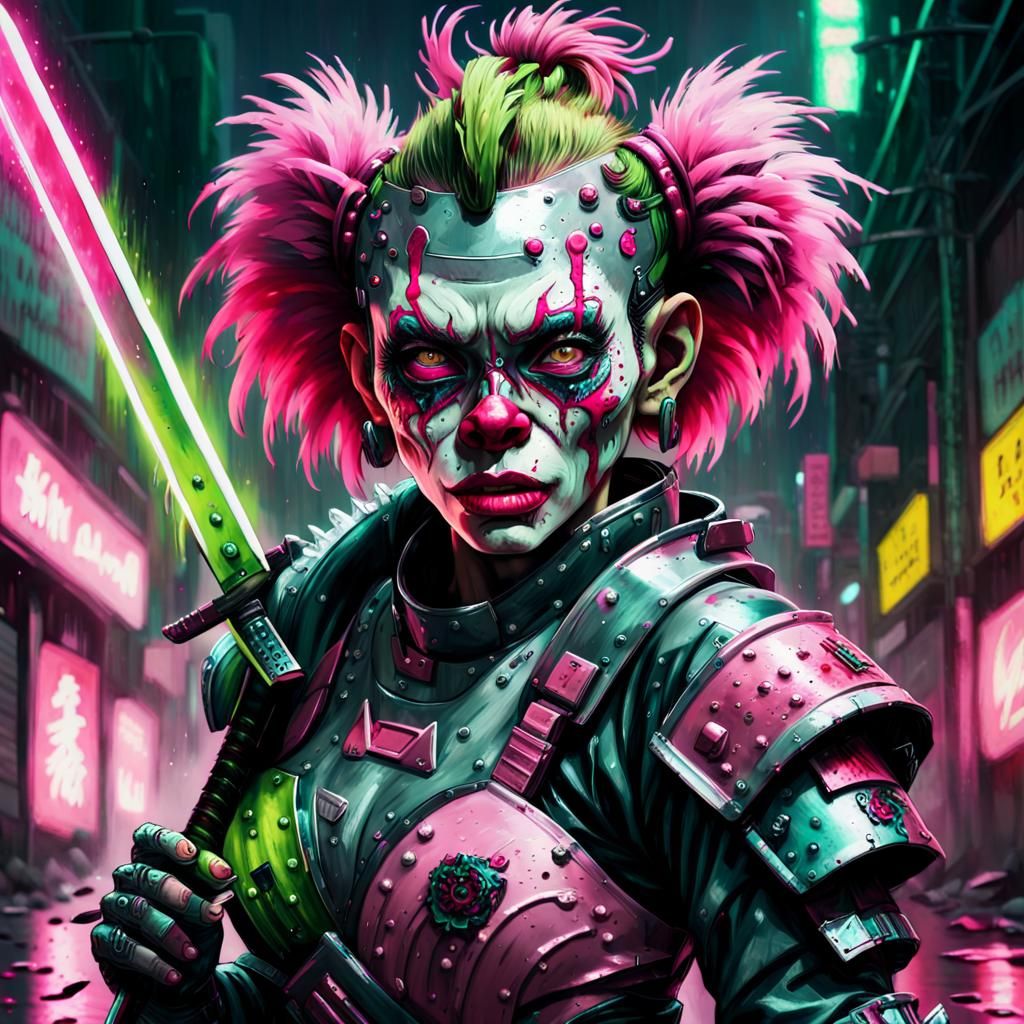 Cyberpunk Samurai Warrior in Neon Cityscape