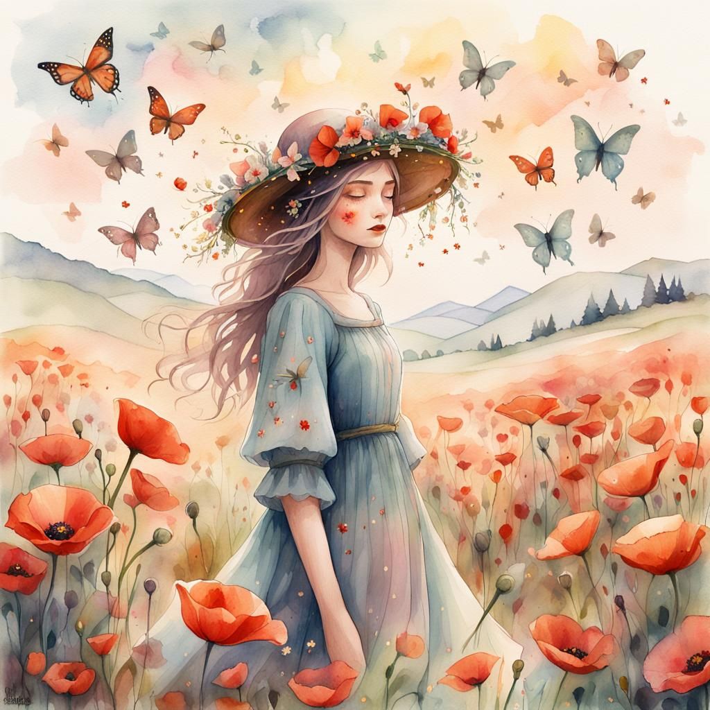 Natural Witch in Poppies Watercolor Illustration