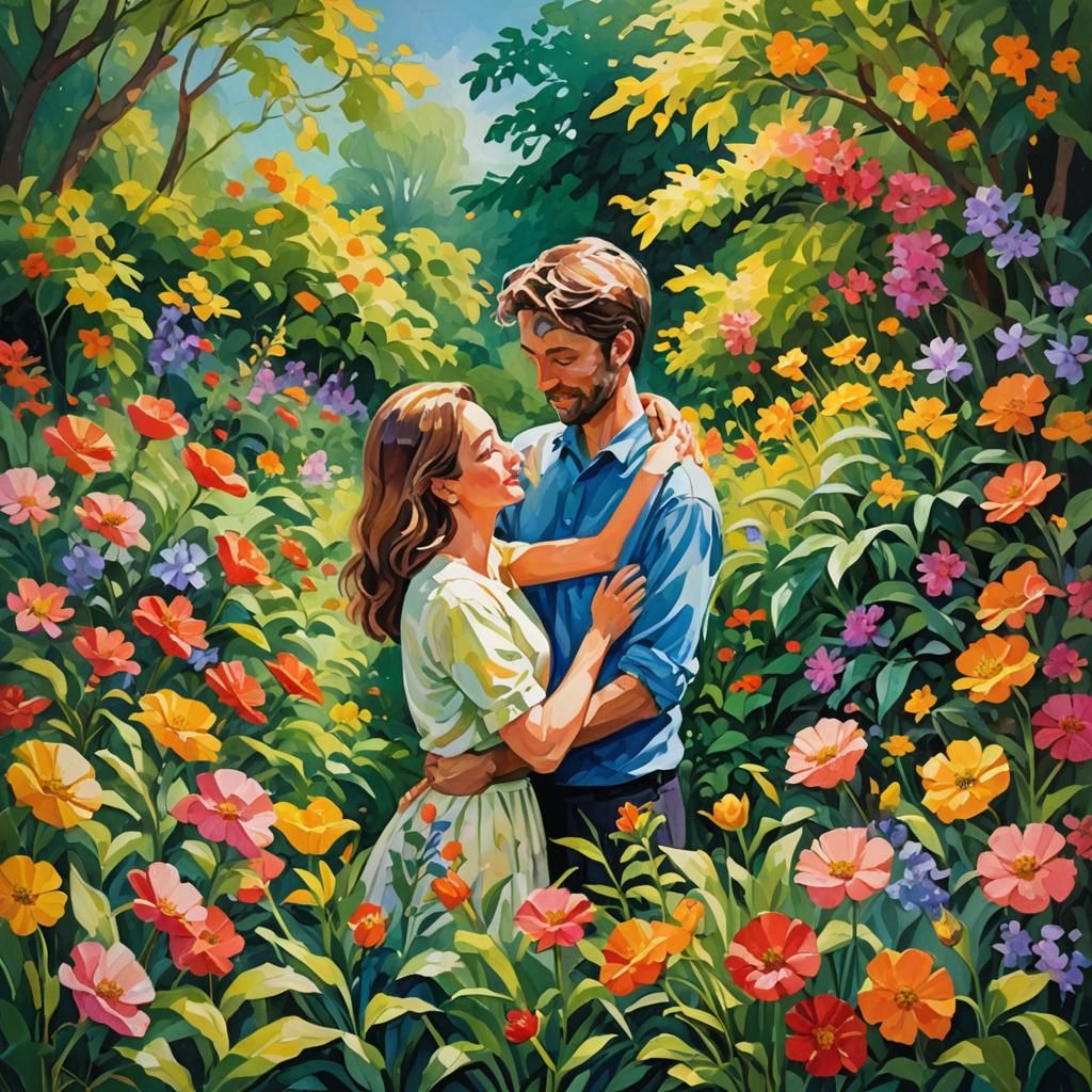 Couple Embracing in Lush Garden: Gouache Impressionist Paint...