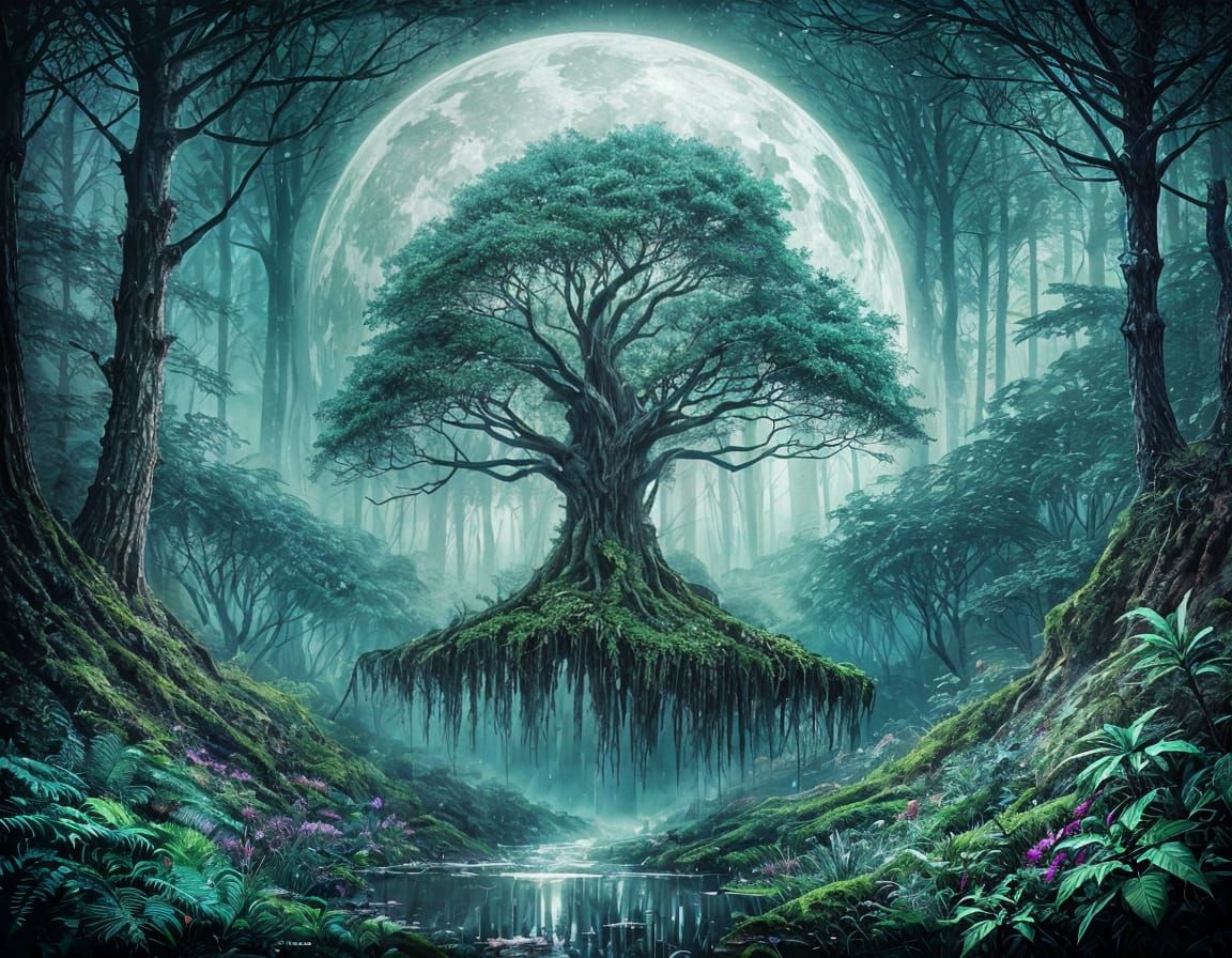 Emerald Moonlit Forest Glade with Bioluminescence