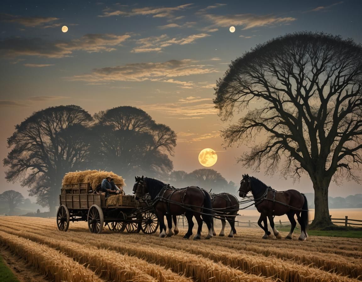 Magical Harvest Scene with Shire Horses