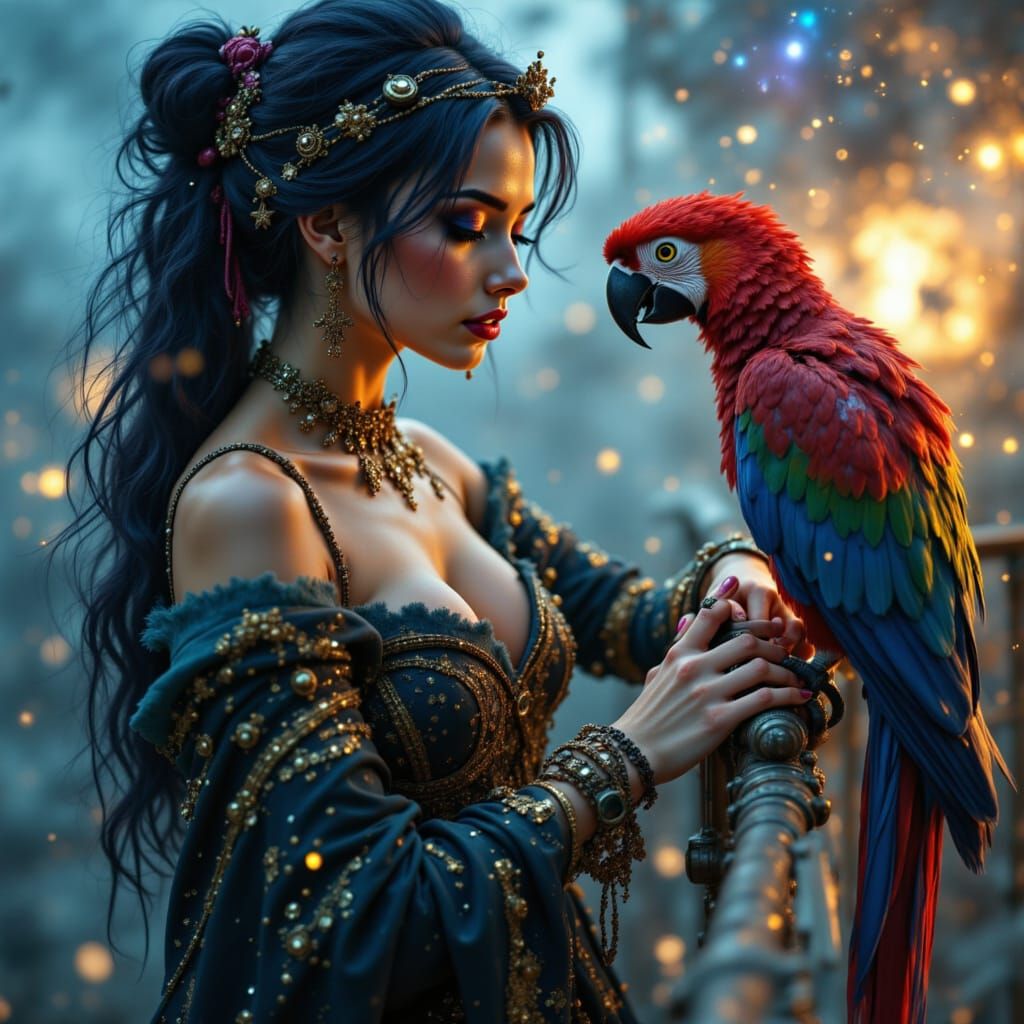 Magical Pirate Woman with Cosmic Parrot