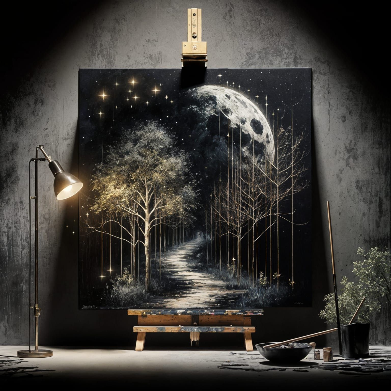 Magical Moonlit Forest Path Painting with Gold Highlights