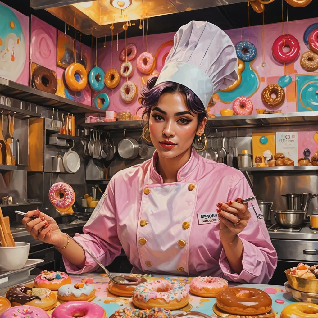 Colorful Expressionist Chef in Kitchen with Donuts