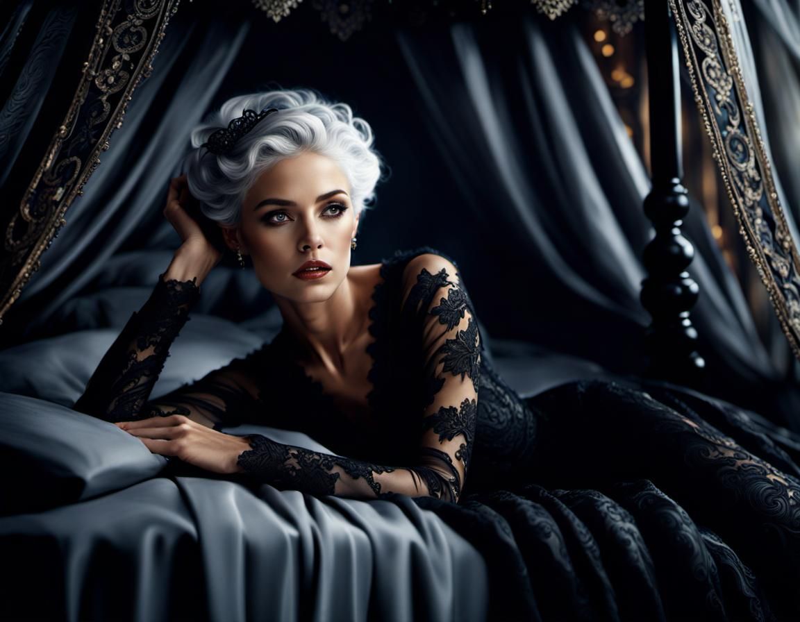 Pixie in Lace on Canopy Bed