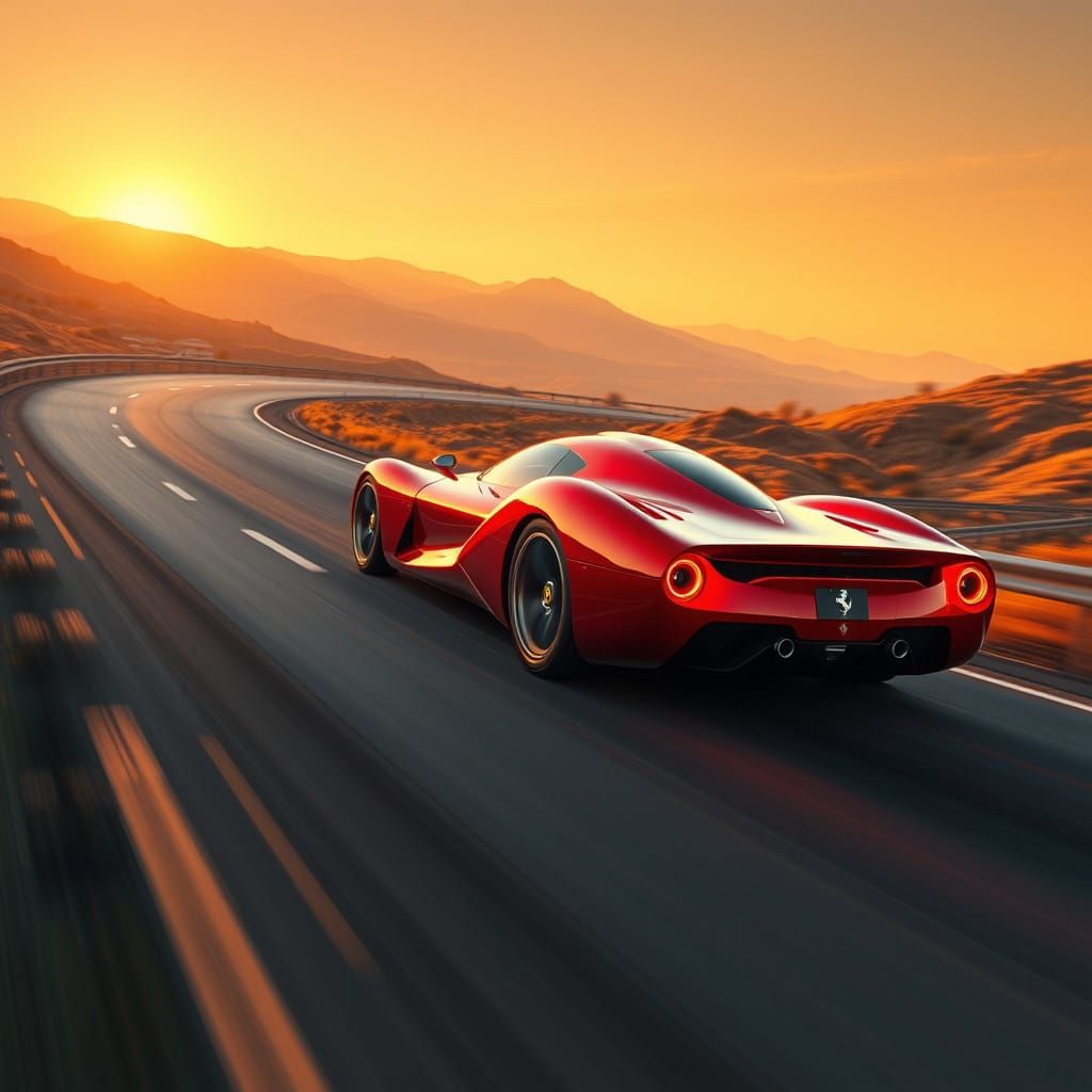 Futuristic Ferrari Car-Ship Speeds Down Golden Highway
