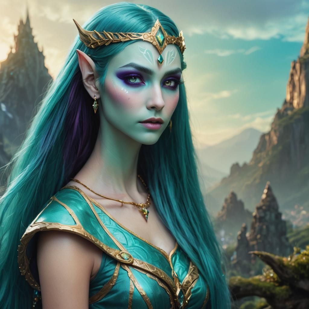Teal-Haired Elf Portrait with Cosmic Background