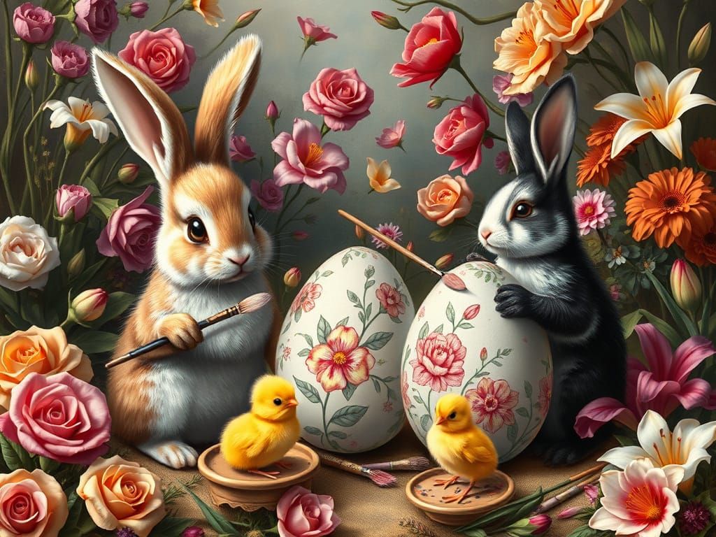 Easter Bunnies and Chicks Painting Eggs in Fairy Garden