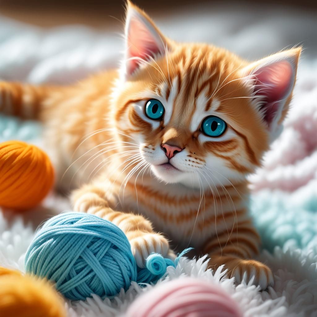 Orange Kitten Plays with Yarn: Hyperdetailed Concept Art