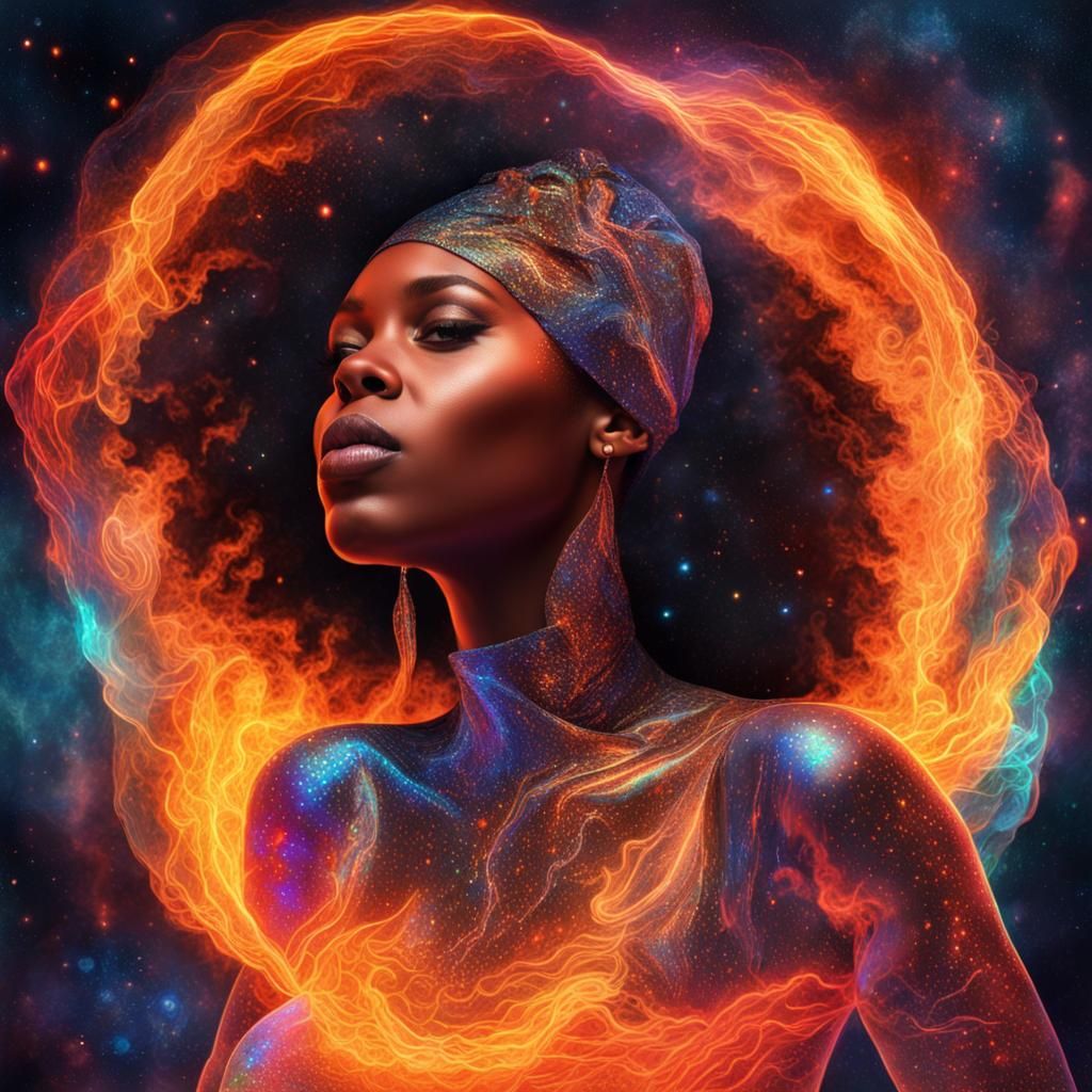 Cosmic Black Woman on Fire: Astral Illustration