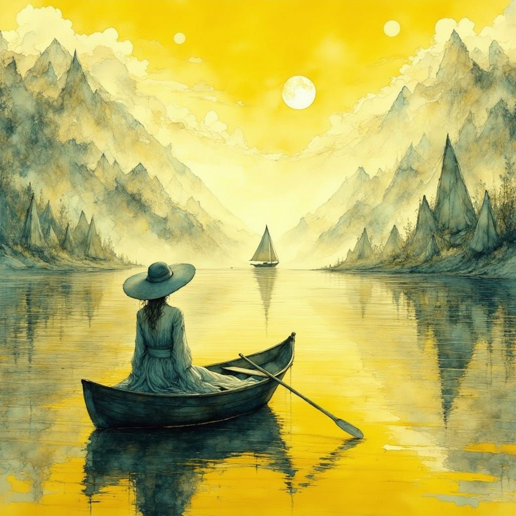 Woman Sails on Lake in Surrealist Style