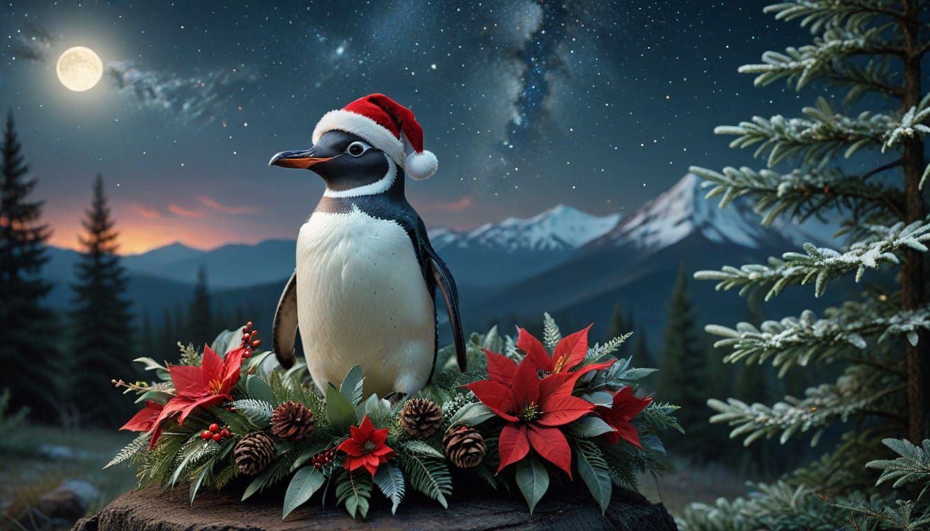 Christmas Penguin in Whimsical Nighttime Scene