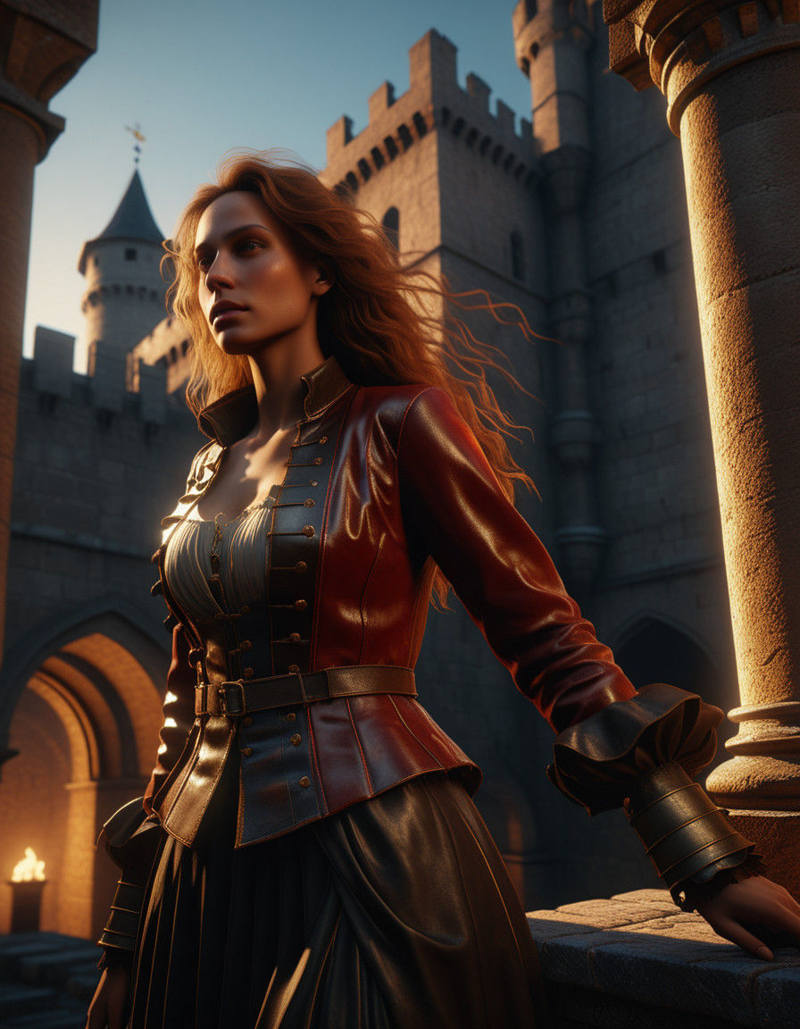 Majestic Baroque Woman Adorns Castle Battlements under Moonl...