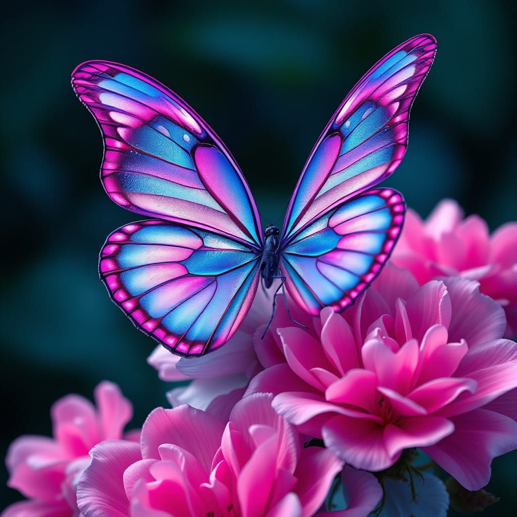 Ethereal Butterfly on Vibrant Floral Blooms in Cyberpunk-Ins...
