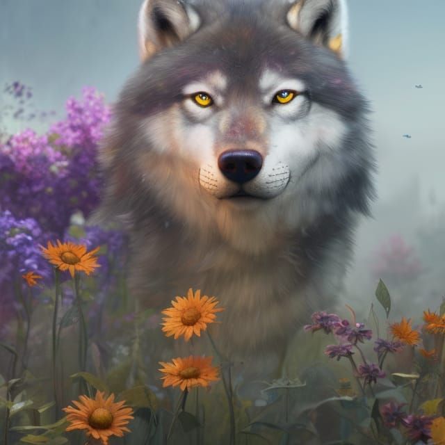 Wolf Pups in Floral Field: Hyperrealistic Art