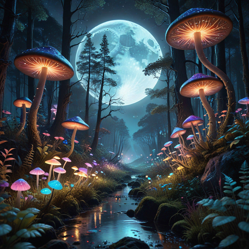 Glowing Alien Forest in Moonlit Landscape as Digital Paintin...