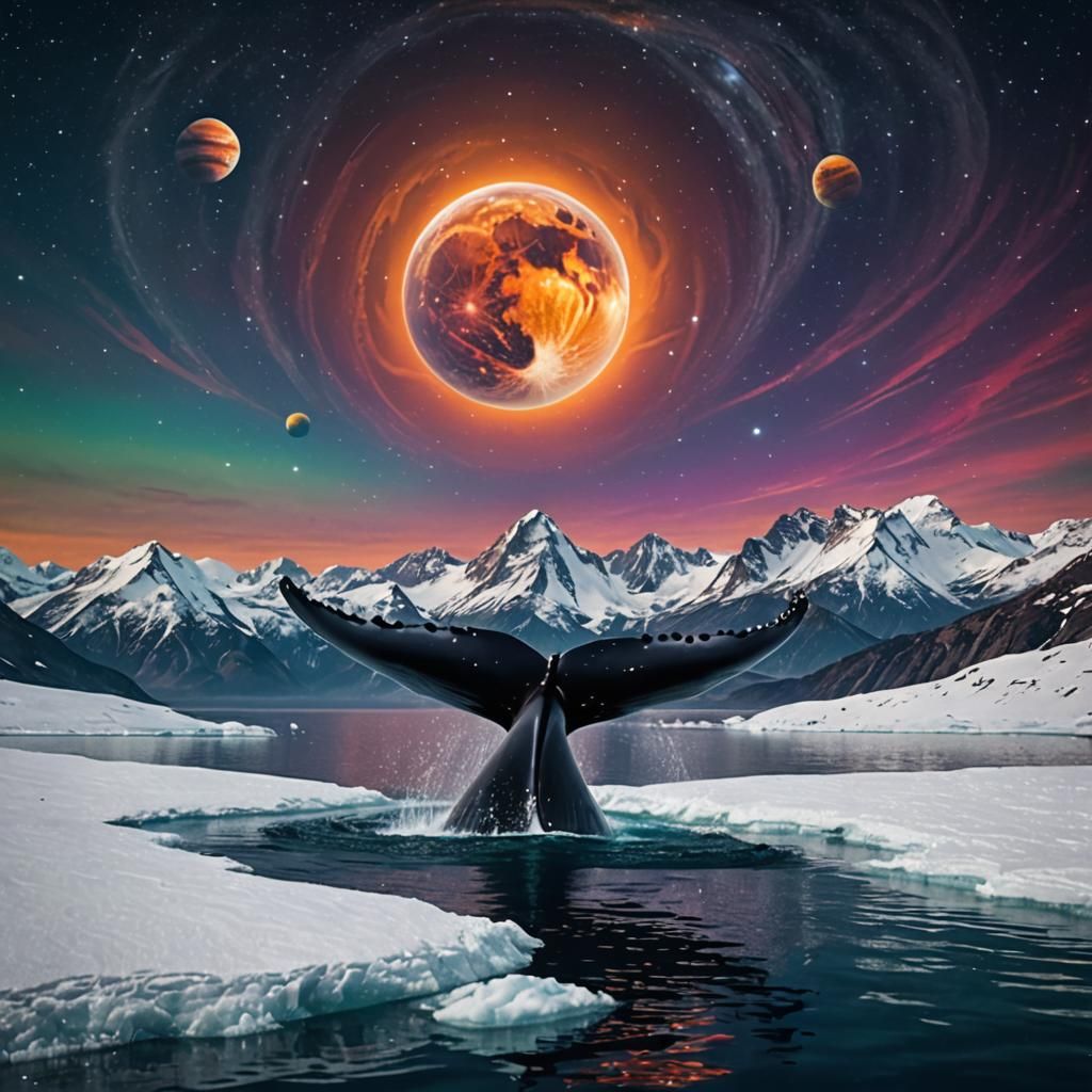 Whale Tail Breaching Ocean with Jupiter in Background