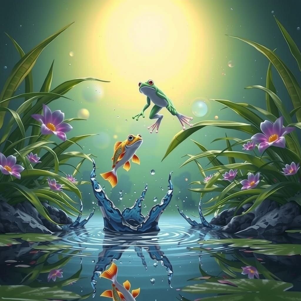 Fish and Frog in Pond, 3D Digital Art